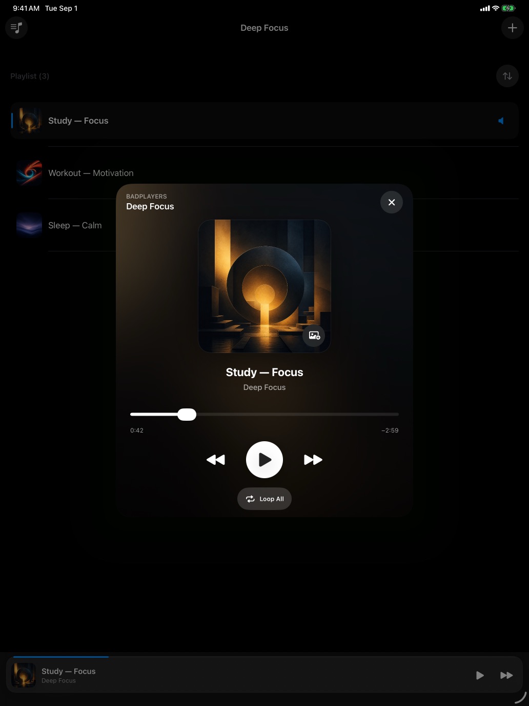 Badplayers Now Playing screen on iPad